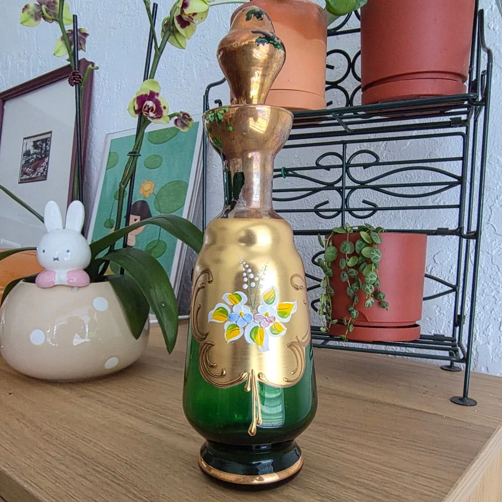 Murano Export Decanter Set Unisex OS Green 24KT Gold Hand Made Floral 5pc Set‎